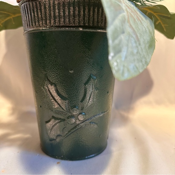 Festive Green and Red Silk Holiday Arrangement Roses Berries Pine in Metal Pot - Picture 2 of 7